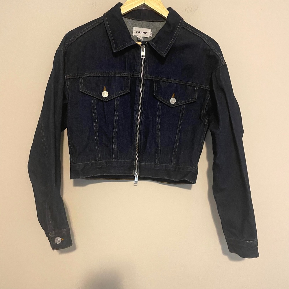 Frame Denim Jean jacket cropped full‎ zip XS dark wash classic casual cotton - Picture 3 of 7